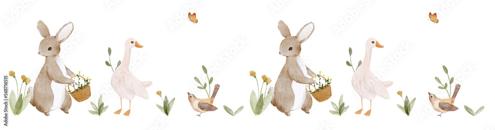 Seamless border with watercolour cute animals and floral. Watercolour ...