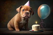 Dog Birthday, Dogue De Bordeaux With A Hat And A Birthday Cake. Generative AI