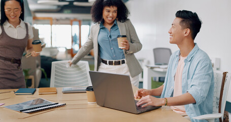 Poster - Business people, diversity or meeting with modern office documents, digital marketing laptop or target audience paper. Talking men, women or creative designers and technology for advertising planning