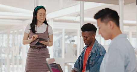 Poster - Asian business woman, tablet or mentor in digital marketing company, advertising coworking space or branding education. Creative designer, speaker or team work meeting diversity with kpi technology