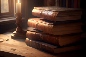 A stack of old books, showcasing the beauty and timelessness of knowledge, generative ai. The detailed textures and realistic shadows give a sense of depth and history