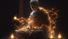 Image Of Enlightened Buddhist Monk Giving A Feeling Of Connection With The Universe. Buddhist Meditation. Space For Text