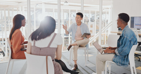 Poster - Collaboration meeting, technology and diversity business people review feedback, global sales chart or data analytics. Communication, teamwork and employee group talking about digital marketing idea