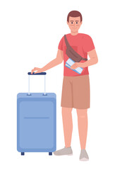 Poster - Excited guy passenger with ticket and suitcase semi flat color vector character. Editable figure. Full body person on white. Simple cartoon style illustration for web graphic design and animation