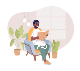 Poster - Weekend activity for introvert 2D vector isolated illustration. Bearded man enjoying book with cute cat flat character on cartoon background. Colorful editable scene for mobile, website, presentation