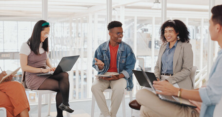 Poster - Business people, startup meeting or brainstorming in office for diversity, planning or teamwork strategy. Digital marketing team, laptop and discussion with group, think tank or conversation for idea