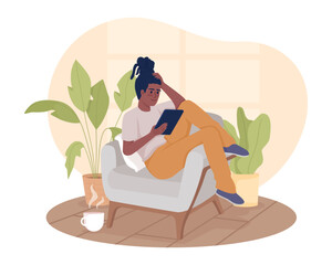 Poster - Enjoying e book on vacation 2D vector isolated illustration. Woman lying in armchair with tablet device flat character on cartoon background. Colorful editable scene for mobile, website, presentation