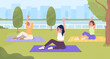 Group yoga classes in park flat color vector illustration. Women working out together on mats. Exercising together. Fully editable 2D simple cartoon characters with cityscape on background