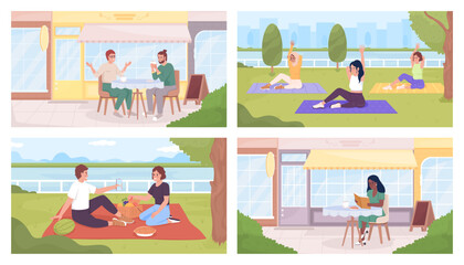 Wall Mural - spending time in fresh air flat color vector illustration set. yoga in group. resting in cafe. fully