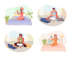 Poster - Chilling at home 2D vector isolated illustrations set. Binge-watching and self care. Introverted flat characters on cartoon background. Colorful editable scene pack for mobile, website, presentation