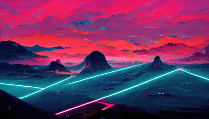 Wall Mural - 3d illustration of a a cyberspace cityscape in a synthwave style