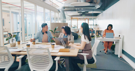 Poster - Business people, diversity or meeting with modern office documents, digital marketing laptop or target audience paper. Talking men, women or creative designers and technology for advertising planning