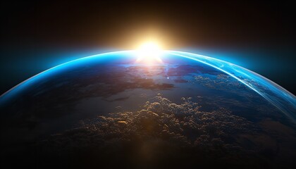 Wall Mural - Planet Earth and blue sunrise from space. Generative Ai.