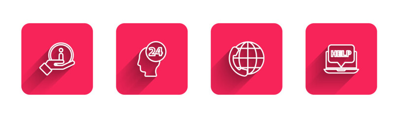 Poster - Set line Information, Support operator in touch, Telephone 24 hours support and Laptop and help with long shadow. Red square button. Vector
