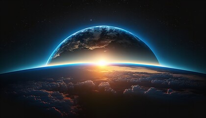 Wall Mural - Planet Earth and blue sunrise from space. Generative Ai.