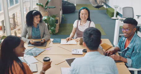 Poster - Business people, diversity or meeting with modern office documents, digital marketing laptop or target audience paper. Talking men, women or creative designers and technology for advertising planning