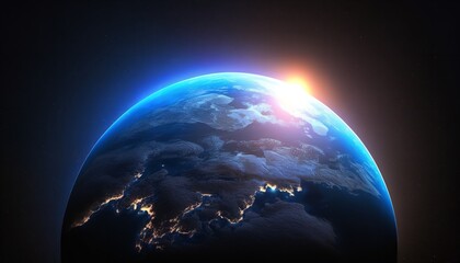 Wall Mural - Planet Earth and blue sunrise from space. Generative Ai.