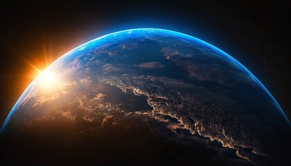 Wall Mural - Planet Earth and blue sunrise from space. Generative Ai.