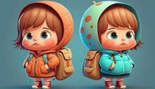 Cartoon Children Wearing A Backpacks Isolated On A Color Background, 3d Rendering. Generative AI