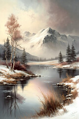 Canvas Print - Peaceful winter landscape with snowy mountains generative AI