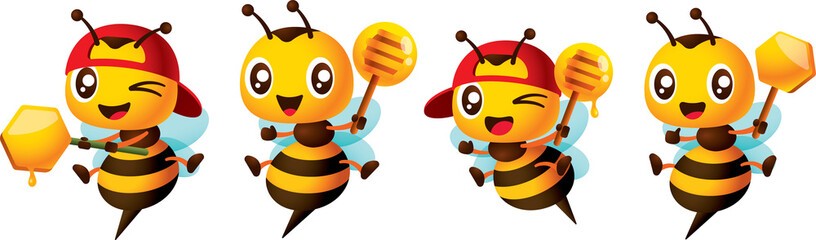 Cartoon cute bee holding honey dipper and honeycomb mascot set. Cartoon honey bee wearing red cap character collection illustration 