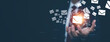 © Bussarin - Businessman hand holding e-mail icon letter on a touch screen interface, virtual postal envelope, concept of spam email, internet and networking, Contact us newsletter email and protect your personal.
