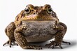 Background of white, with a common toad (Bufo bufo) in the front. Generative AI
