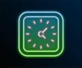 Poster - Glowing neon line Clock icon isolated on black background. Time symbol. Colorful outline concept. Vector