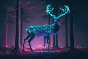 Wall Mural - 3d illustration of a stag with glowing antlers in a foggy forest