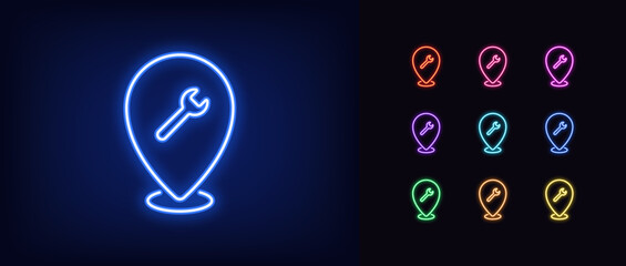 Poster - outline neon repair pointer icon set. glowing neon map pin frame with wrench sign, service location 