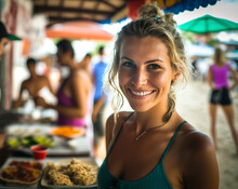 Young Adult Woman Traveling, Street Food From Local Street Vendors At A Beach, Fictional Place Like Thailand Or Bali. Generative AI