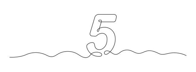 Wall Mural - Number 5 in continuous line drawing style. Line art of number five. Vector illustration. Abstract drawing number 5