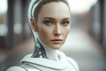 A Humanoid Android With Artificial Intelligence Parts Or A Technological Upgrade As Human Evolution, Mechanical Body Parts, Trendy White Clean Style. Generative AI
