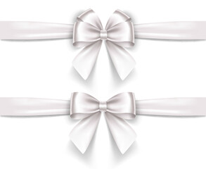Set of satin decorative white bows with horizontal ribbon isolated on white background. Vector white bow and ribbon