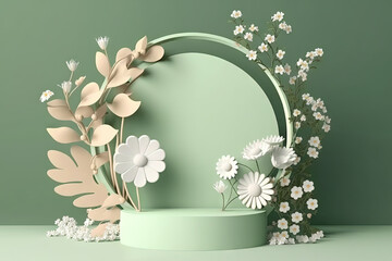 3D display podium pastel green background. White flower with leaf. Nature Blossom minimal pedestal for beauty, cosmetic product presentation. Generative AI