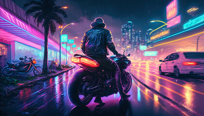 Wall Mural - Biker on an Futuristic motorcycle. Evening futuristic city in background. Neon urban future. Wallpaper in a cyberpunk style Post-processed generative AI