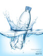 Transparent realistic vector mineral water plastic bottle in water with water splash and drops on blue background 