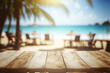 Tropical beach bar blurred, wooden table. Ocean view. Generative AI