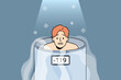 Unhappy man in reservoir undergo cryotherapy procedure in clinic or spa. Dissatisfied male client having whole body treatment in cryosauna. Healthcare. Vector illustration. 