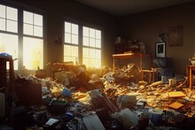Pile Of Junk In A House, Hoarder Room Pile Of Household Equipment Needs Clearing Out. Generative AI