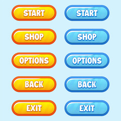 A Collection of GUI Vector yellow and blue buttons with editable text effect for the design of the user interface of casual mobile games and applications. Yellow and blue buttons in candy style.