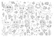 Coloring page with mermaids, sea and ocean animals, underwater plants. Fairy tale characters. Coloring book for kids. Black and white vector illustration.