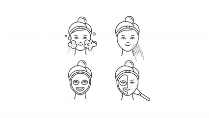 Poster - Animated beauty routine linear icons. Skin cleansing foam. Face treatment. Cosmetic products. Seamless loop HD video with alpha channel on transparent background. Outline motion graphic animation