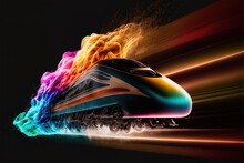 A Bullet Train Burning On Fire Of Different Colors With Dark Background, Generative Ai.	