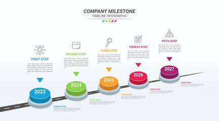 Road Map Infographic Template and Business Icon with Five Steps. Company Milestone 3D Isometric Infographic 5 Step Points for Presentations, Finance Reports, Web Design, and Yearly Reports.