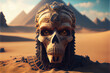 illustration of mummy is alive and awoke behind Egyptian pyramids. AI