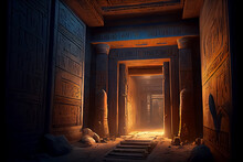 Illustration Of Egyptian Wall With Hieroglyphs Inside The Pharaoh's Tomb. AI