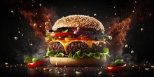 Craft Beef Burger And French Fries On Wooden Table Melting Chessesisolated On Black Background.