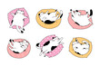 © anastasiastoma - Hand drawn character collection with cute cats lying on the pillow. Adorable kittens sleeping on cosy pet cushion. Vector design concept. Outline illustration cartoon style.
