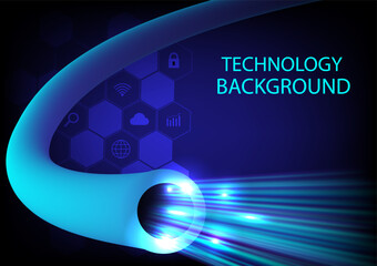 Fototapete - abstract background fiber optic technology beautiful curves The end of the cable has a luminous hexagonal bottom with several icons inside. on a blue gradient background